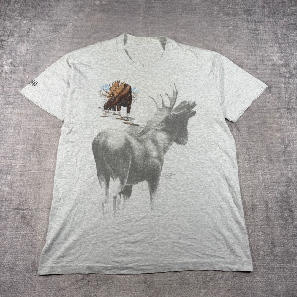 Vintage Nature Shirt Mens XL Gray 90s Moose Cariboo BC Wildlife Single Stitch